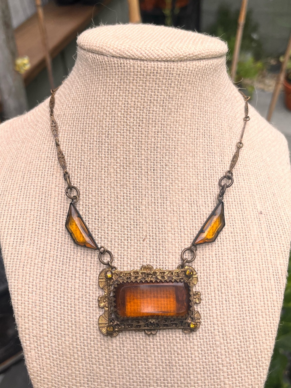 Reduced Vintage Edwardian Amber Glass Pendant Necklace - Women Jewelry - Picture 3 of 5